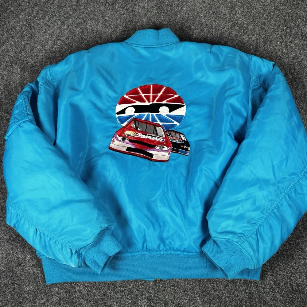 Vintage NASCAR Racing Jacket Bomber Turquoise Blue Satin Windbreaker Embroidered